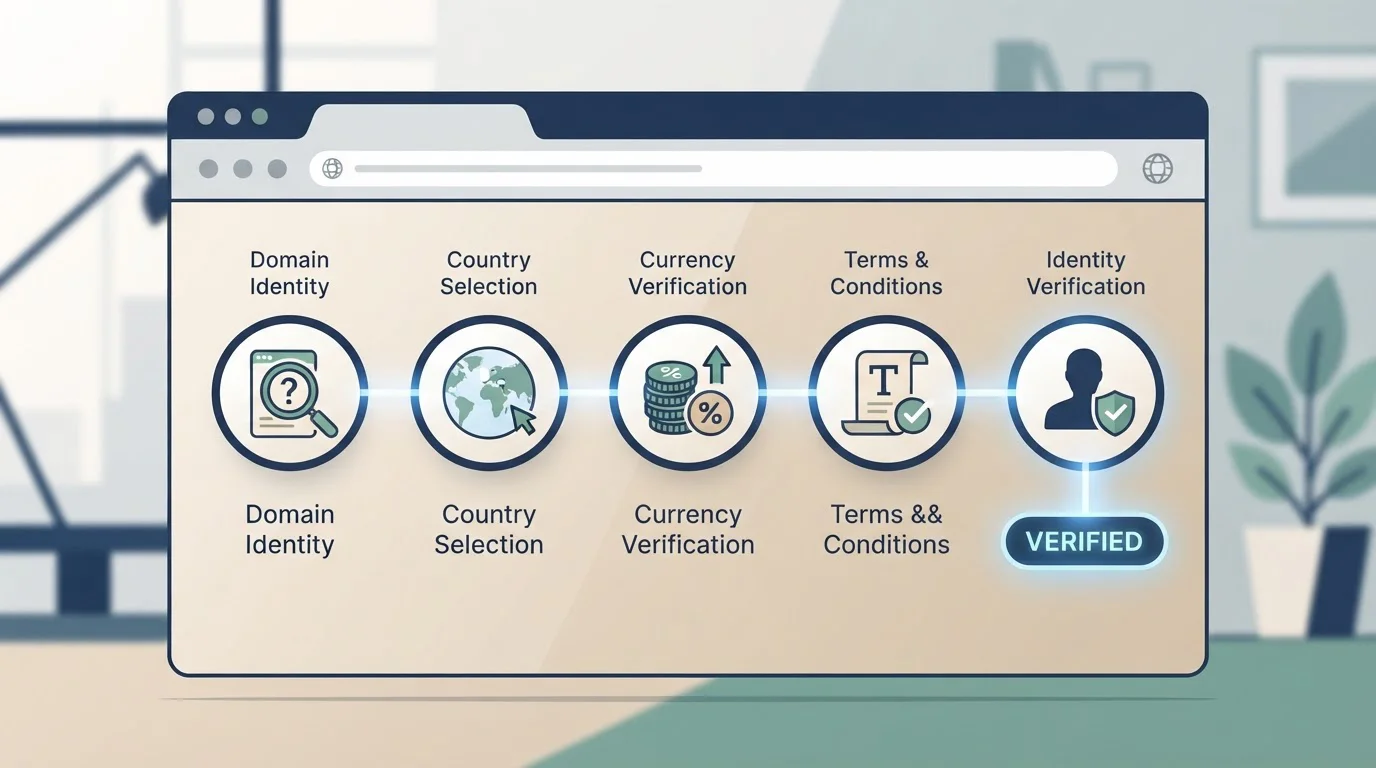 Conceptual account verification checklist covering domain identity, country, currency, terms and identity checks