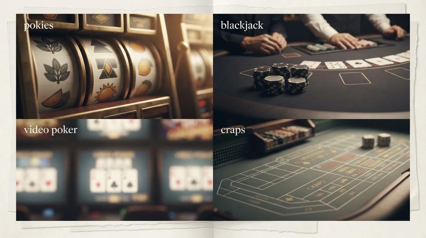 Illustration of Australian-style pokies and classic casino table games without casino branding