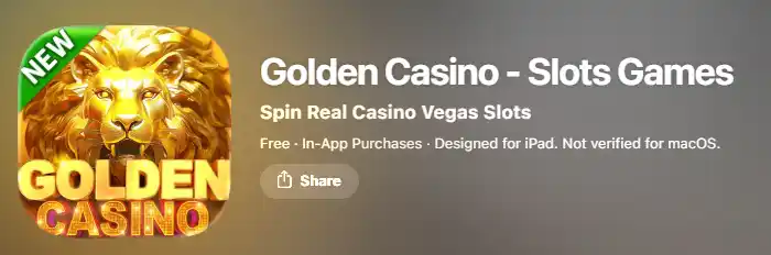 Australian app-store listing for Golden Casino - Slots Games by Slots Limited showing its free-play identity and no-real-money disclaimer