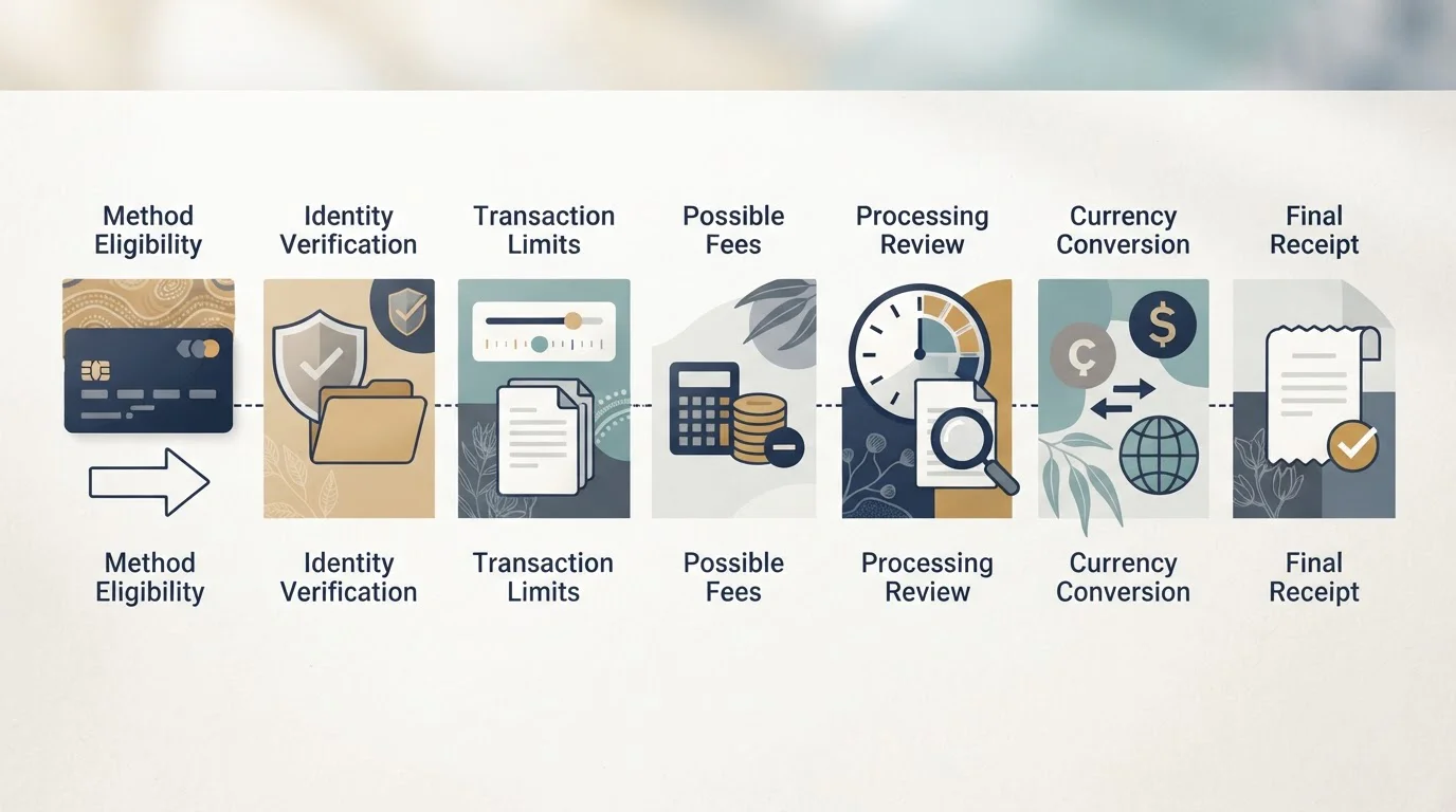 Conceptual withdrawal verification flow covering method eligibility, identity checks, limits, fees, processing and receipt