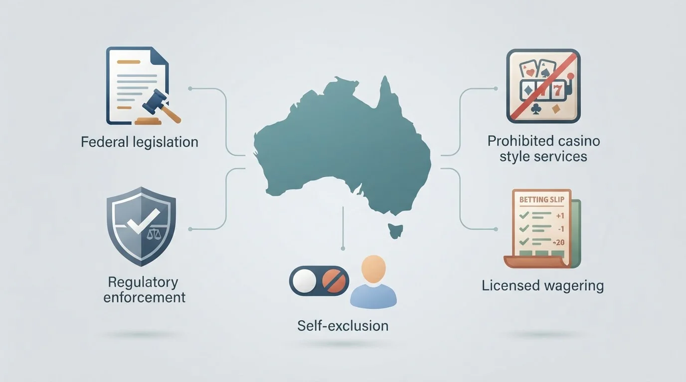 Australian online gambling regulatory flow linking the Interactive Gambling Act, ACMA, prohibited online casino services, licensed wagering and BetStop